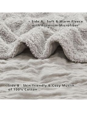 Reversible Plush Fleece and Cotton Muslin Throw Blanket - Light Gray